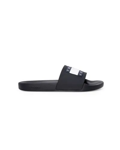 Black Slide Sandal with Text Band Detail
