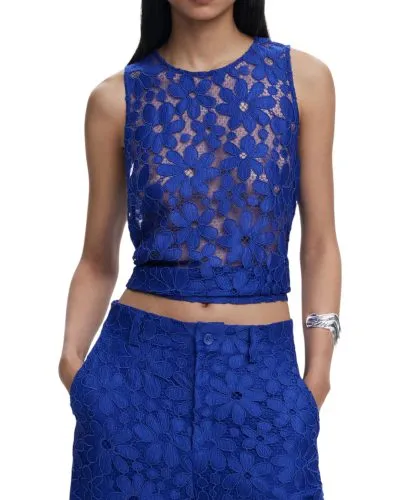 Blue Floral Lace Cropped Tank Top