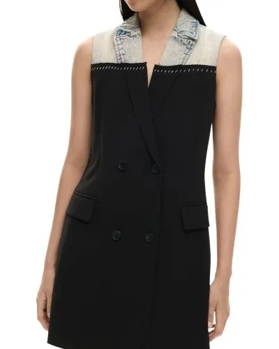 Black Denim Collar Sleeveless Blazer Dress Women