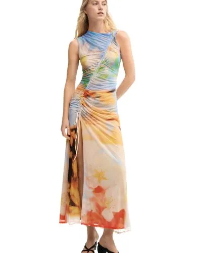 Watercolor Print Ruched Sleeveless Maxi Dress