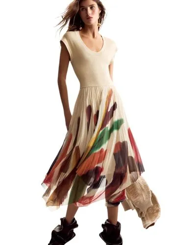 Cream Pleated Midi Dress with Colorful Abstract Print