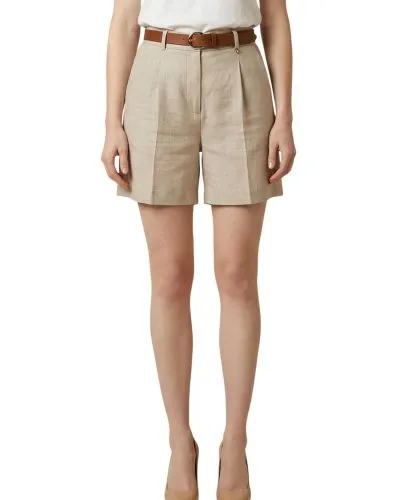 Beige Linen High-Waist Pleated Shorts with Belt