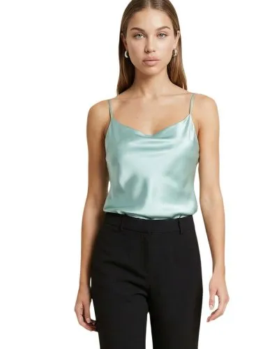 Sage Satin Camisole with Black Trousers Set