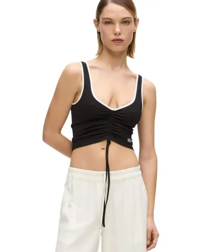 Black Ruched Crop Tank Top with White Trim