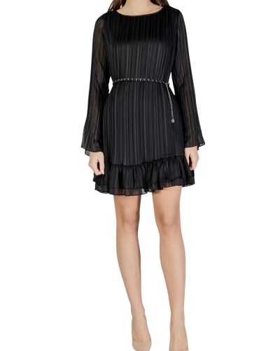 Black Pleated Long Sleeve Mini Dress with Chain Belt