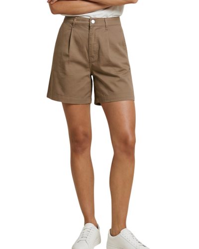 Khaki High-Waisted Pleated Cotton Shorts for Women
