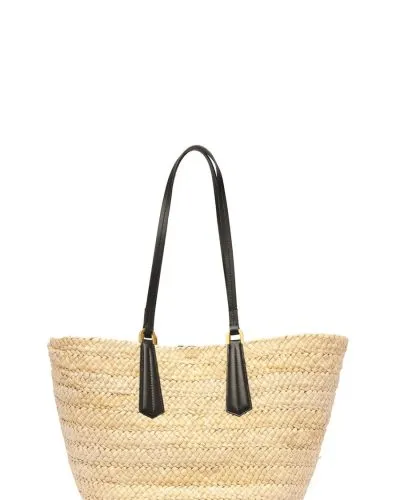 Natural Straw Tote Bag with Black Leather Handles