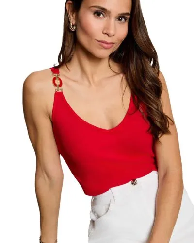 Red V-Neck Tank Top with Gold Ring Detail