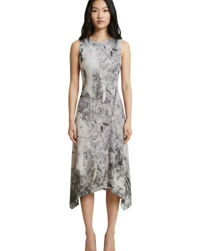 Sleeveless Gray Abstract Print Asymmetrical Midi Dress