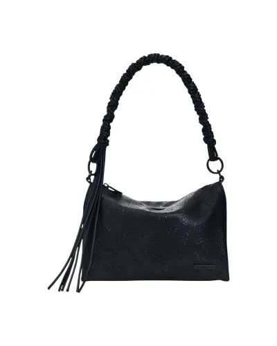 Black Perforated Leather Shoulder Bag with Tassel
