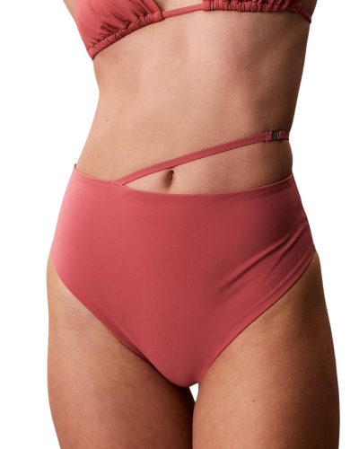 Coral High-Waist Bikini Bottom with Strappy Detail