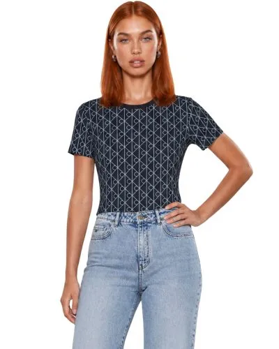 Black Geometric Pattern Short Sleeve Crew Neck Tee