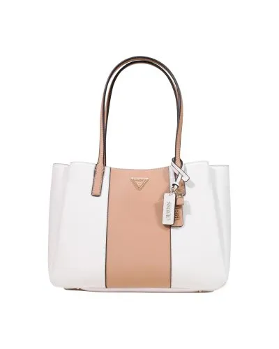 Guess White and Tan Colorblock Tote Handbag