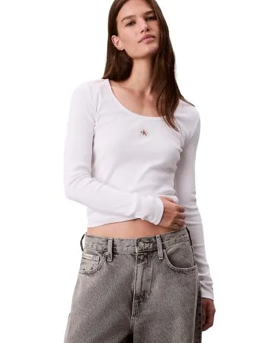 Calvin Klein CK Logo White Long Sleeve Crop Top