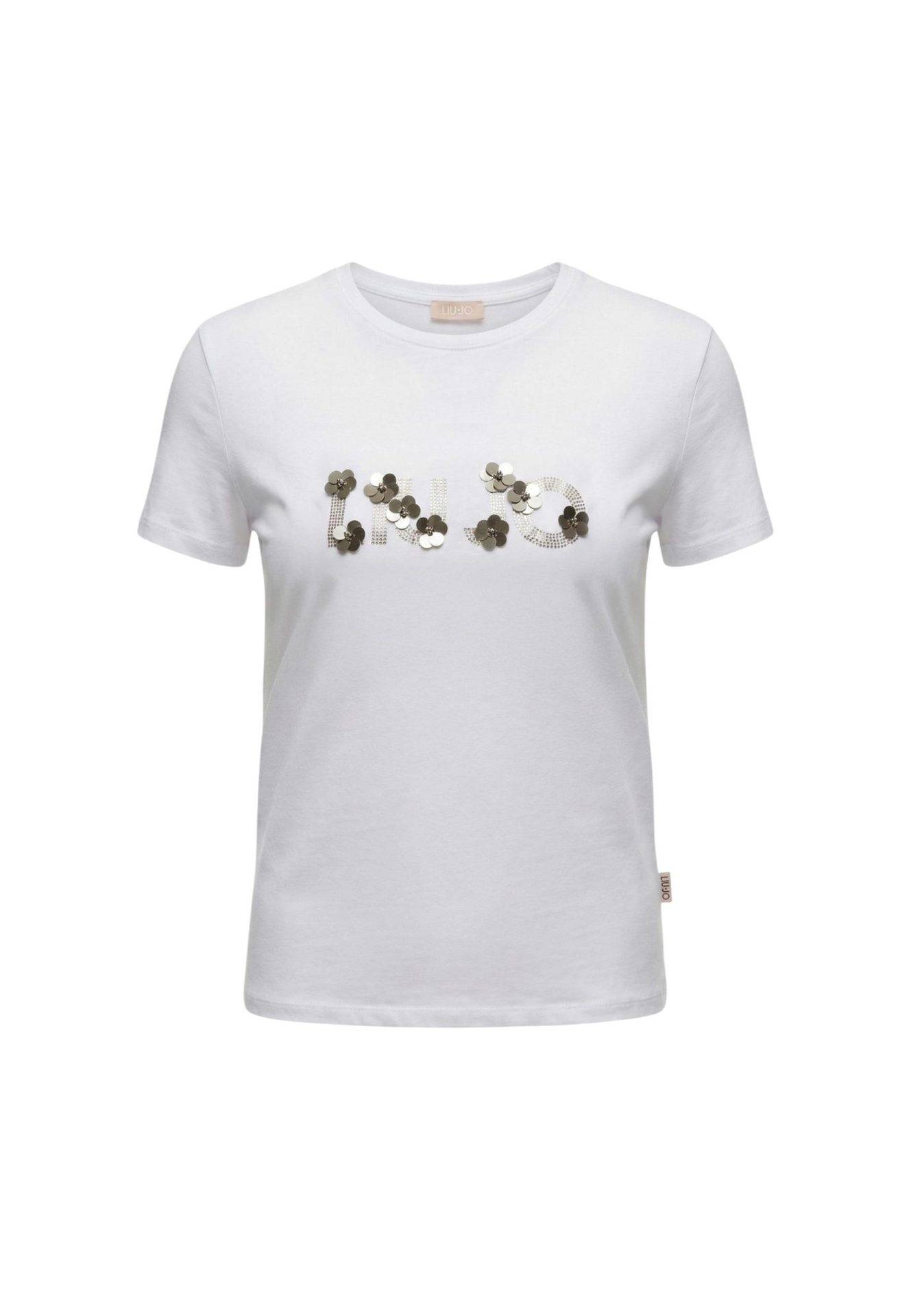 White short-sleeve t-shirt with LIU JO logo embellished with silver sequins and metallic flower details
