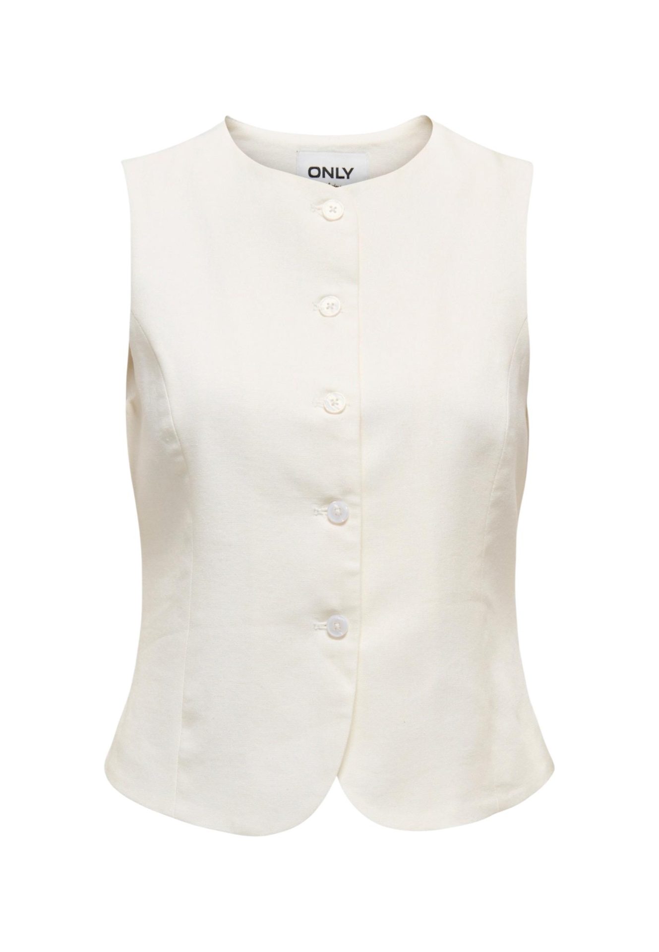 Cream-colored sleeveless button-up vest with a round neck and curved hem
