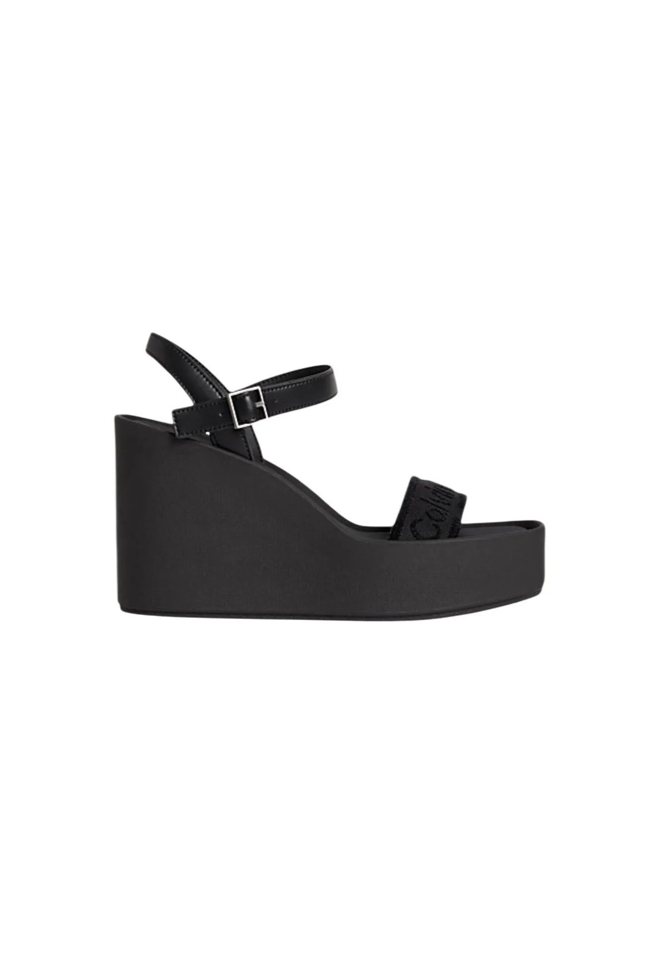 Black platform wedge sandal with an ankle strap and a branded fabric toe strap