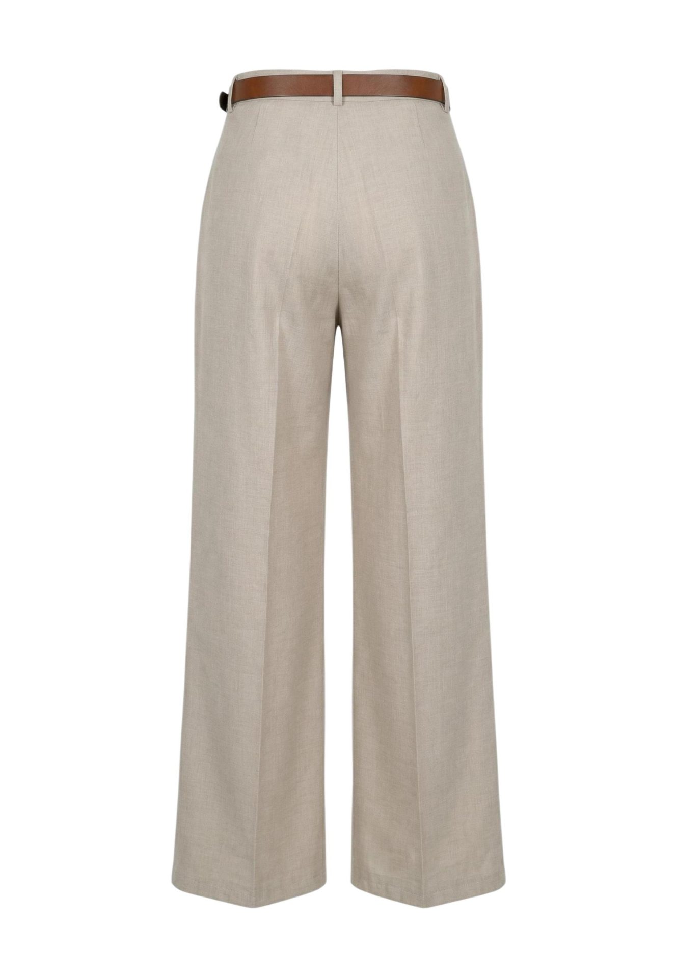 Back view of high-waisted, beige wide-leg trousers styled with a brown belt