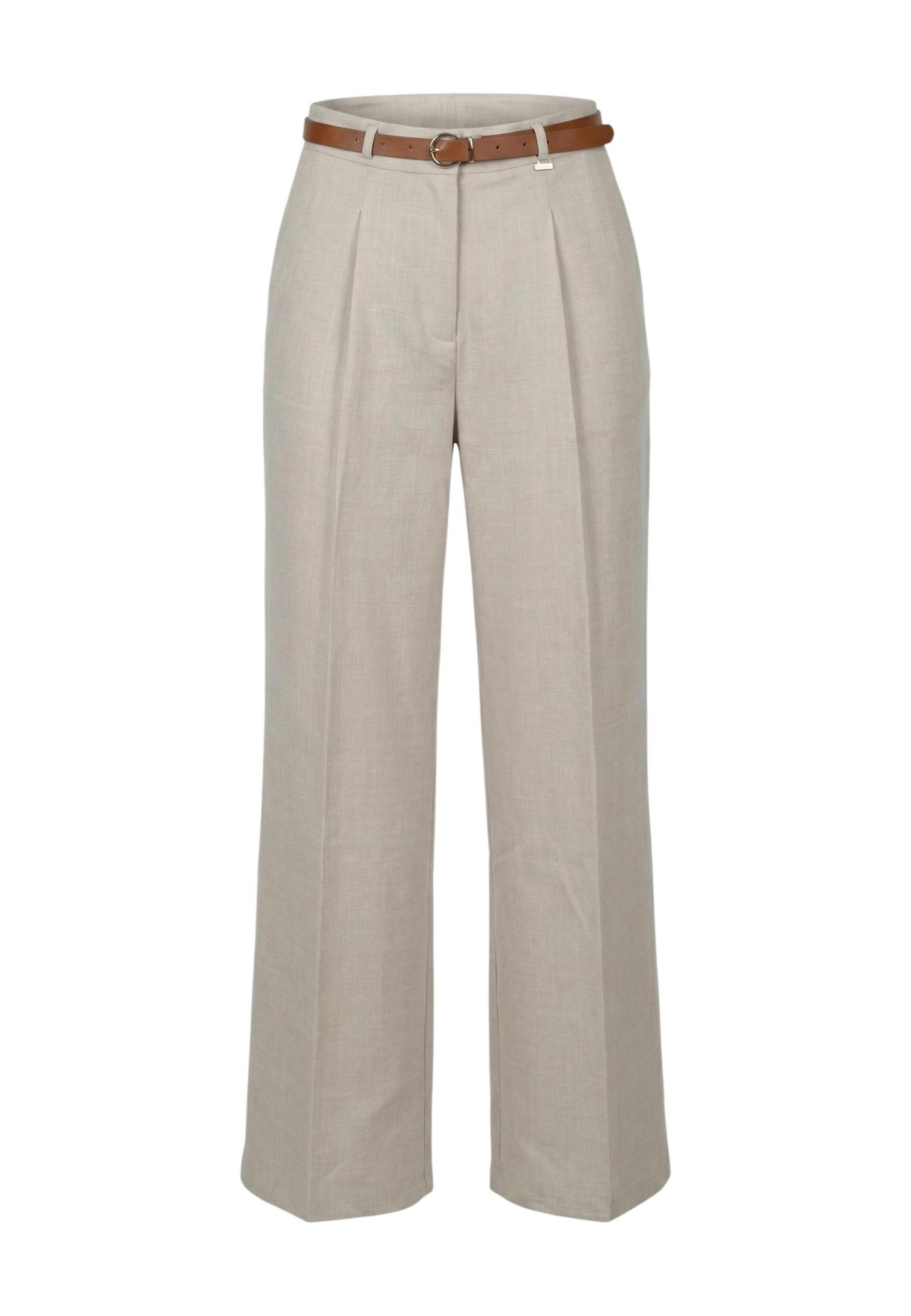 High-waisted light beige wide-leg trousers with pleats and a brown belt