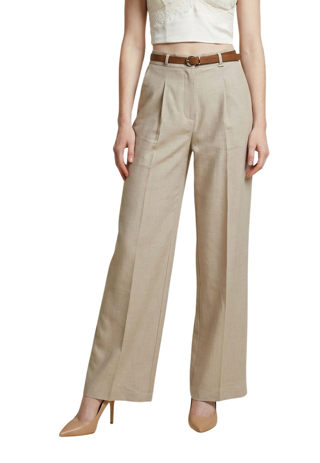 High-waisted, wide-leg beige trousers with a brown belt and front pleats