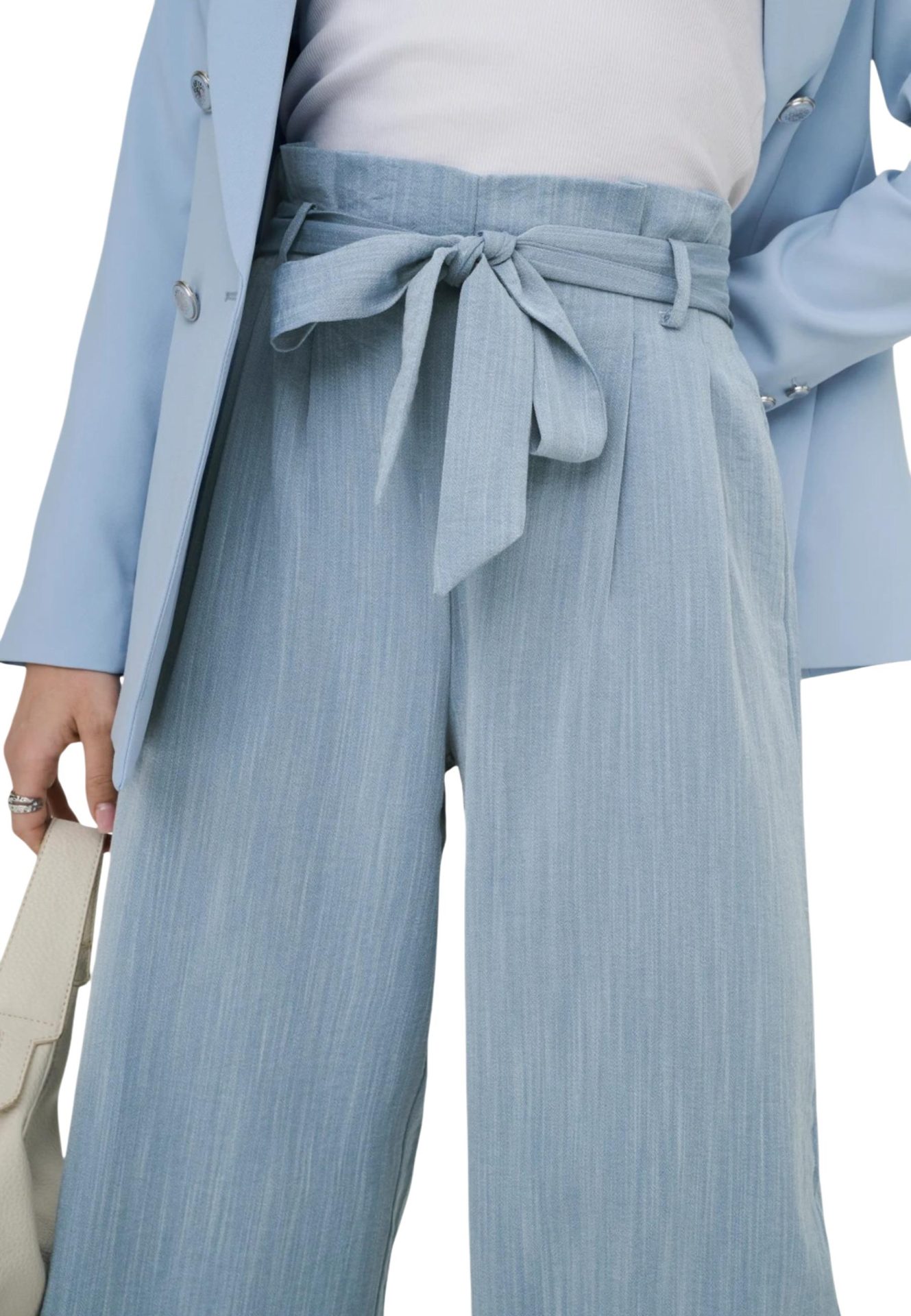 Light blue high-waisted wide-leg pants with a tie belt, styled with a matching blazer