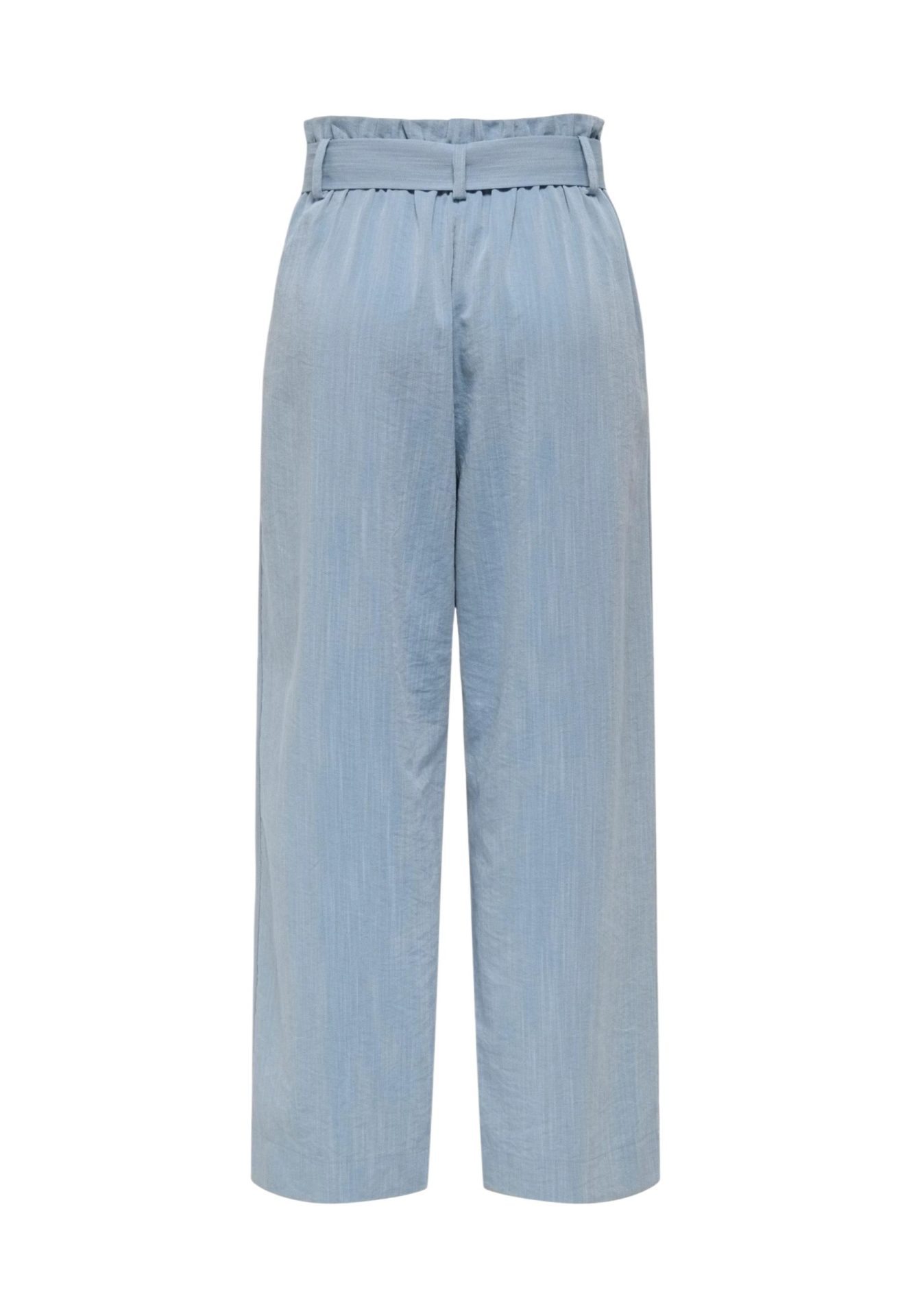 Back view of light blue wide-leg trousers with a high, belted paperbag waist