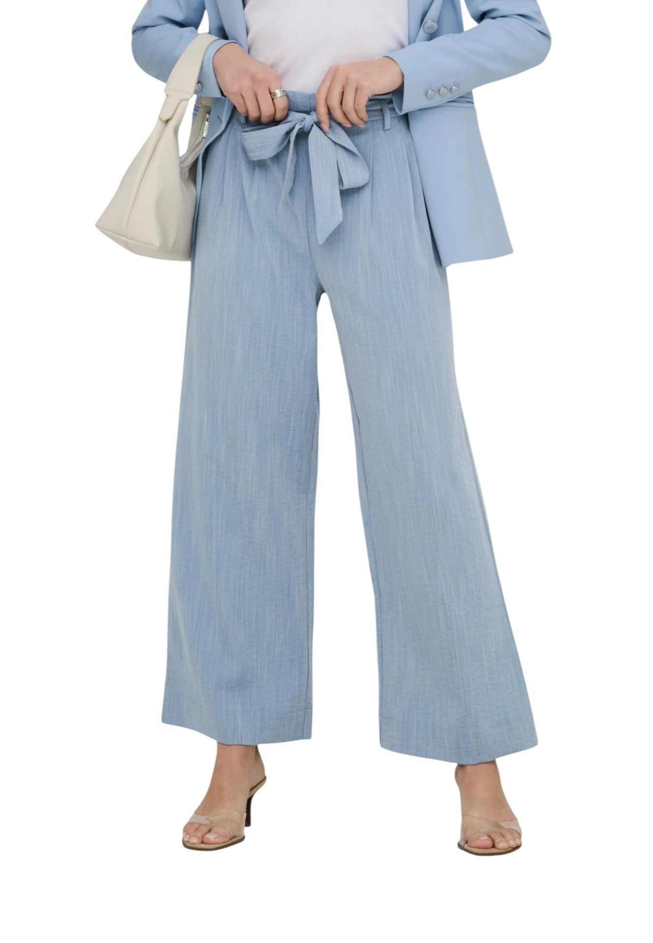 Light blue wide-leg pants with a tie waist, styled with a matching blazer and white top
