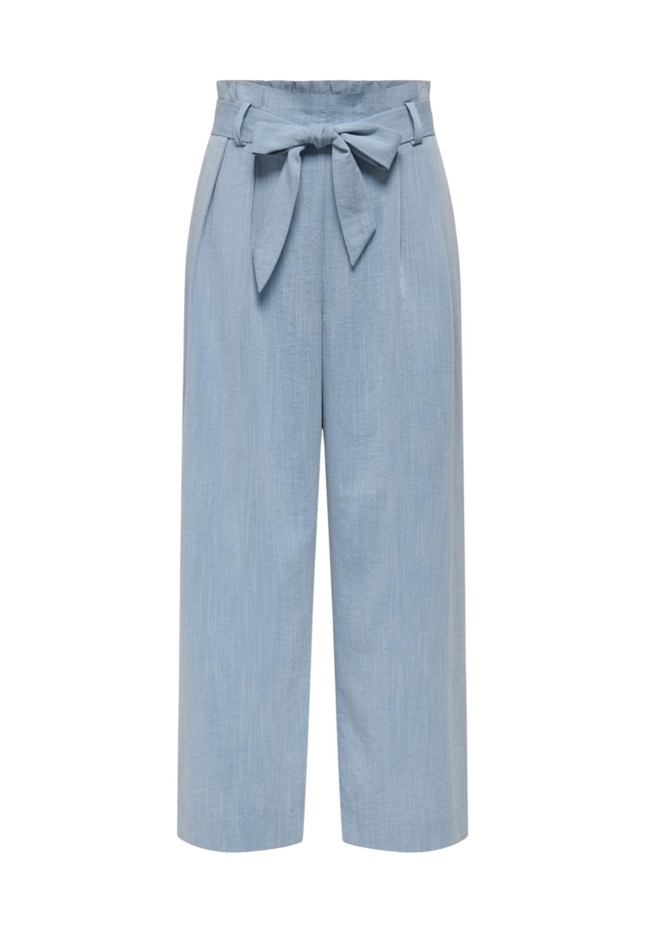 Light blue wide-leg trousers with a high waist and matching fabric tie belt