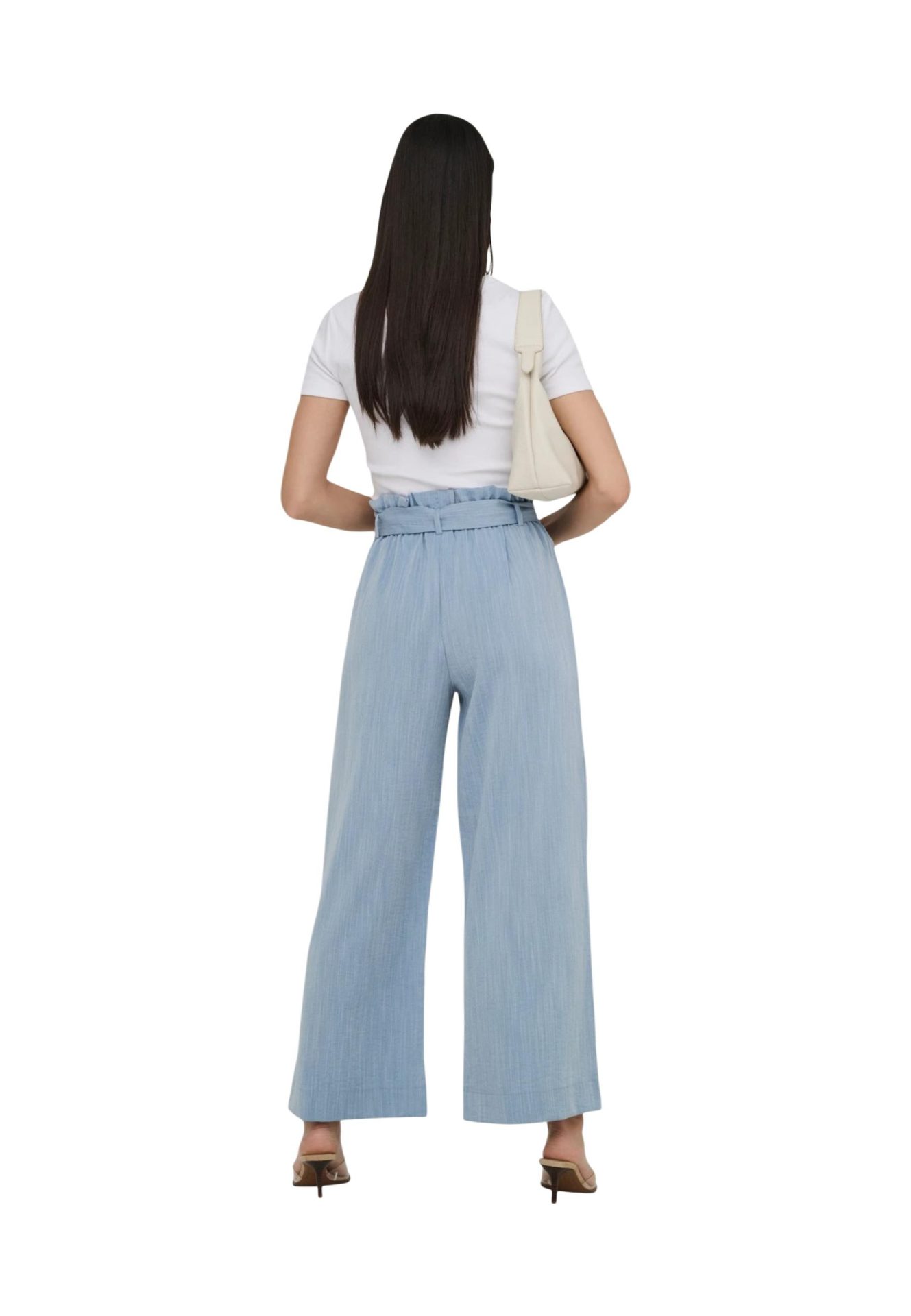 Rear view of a model wearing light blue wide-leg paperbag pants and a white t-shirt
