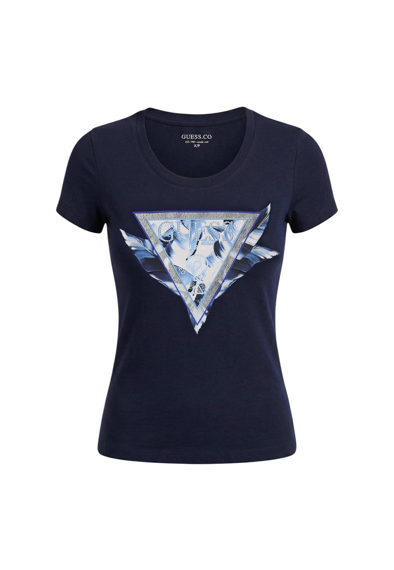 Navy blue short-sleeve t-shirt featuring a Guess triangle logo graphic with a blue and white feather design