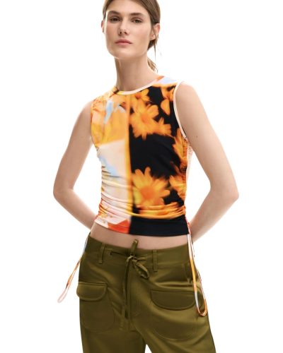 Sunflower Print Sleeveless Crop Top Women’s Yellow Black