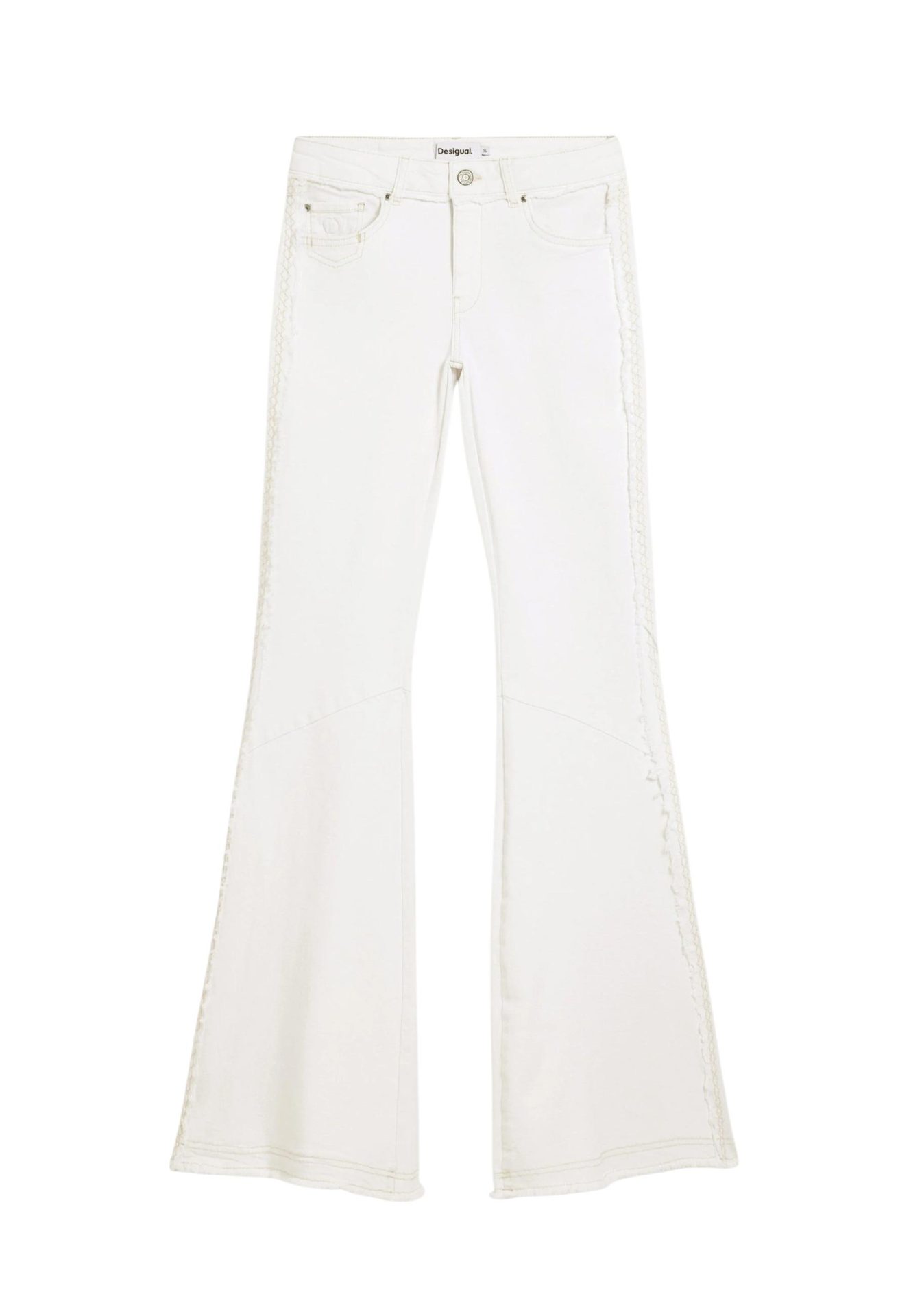 White flare jeans with embroidered and frayed side seams