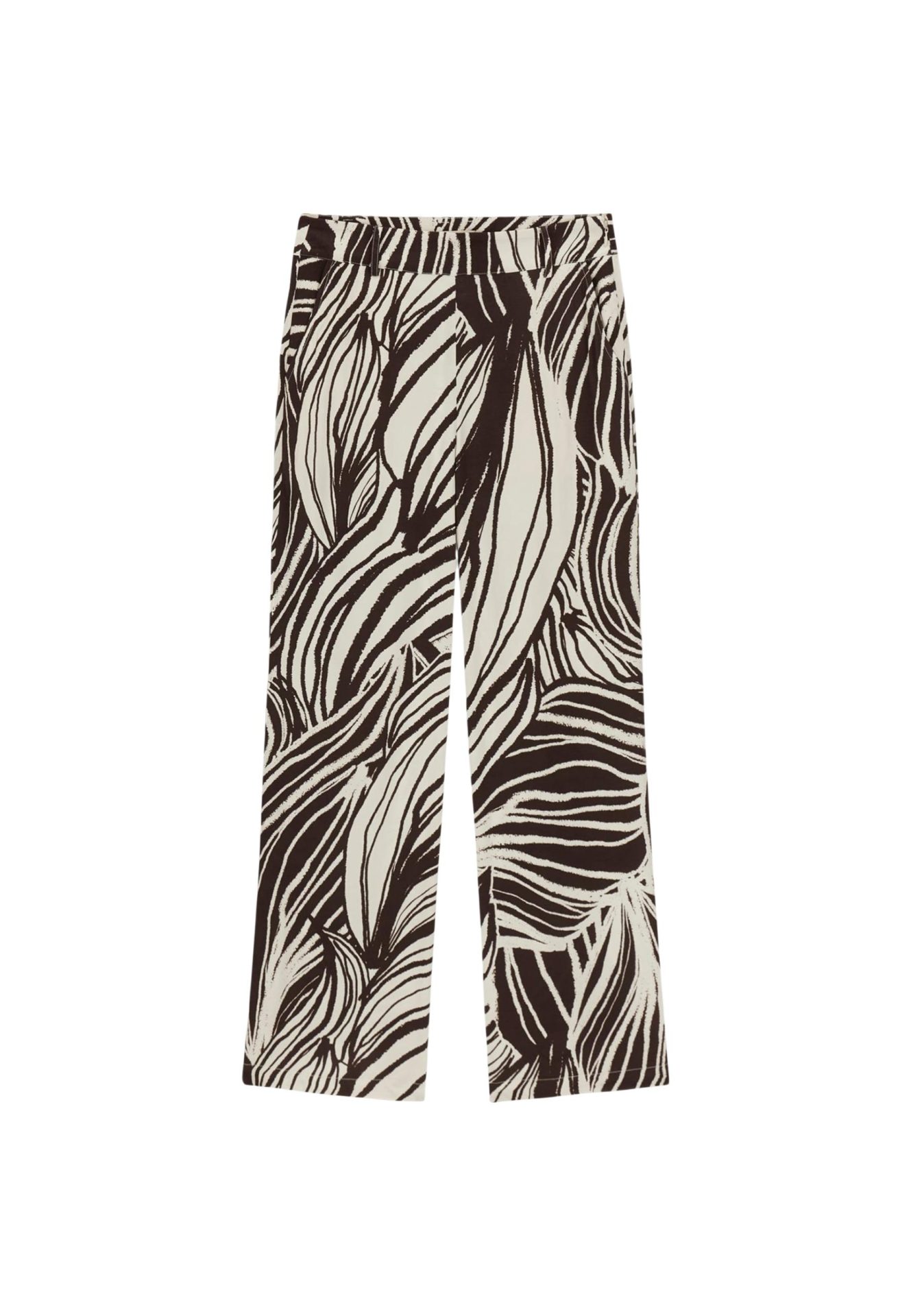 Wide-leg trousers with a bold dark brown and cream abstract leaf pattern