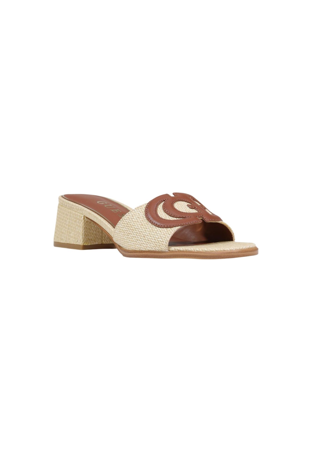 Guess woven raffia block heel slide sandal with brown leather logo detail