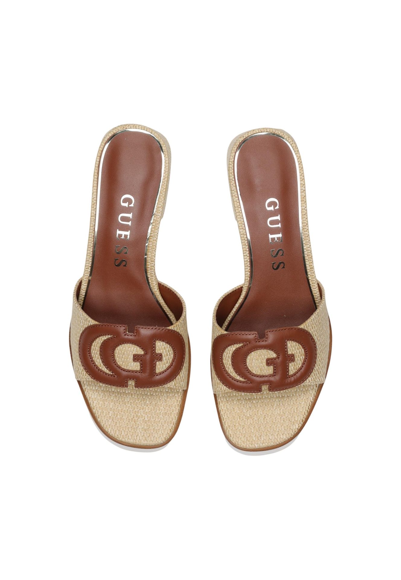 Guess slide sandals with woven raffia straps, brown leather interlocking G logos, and brown insoles