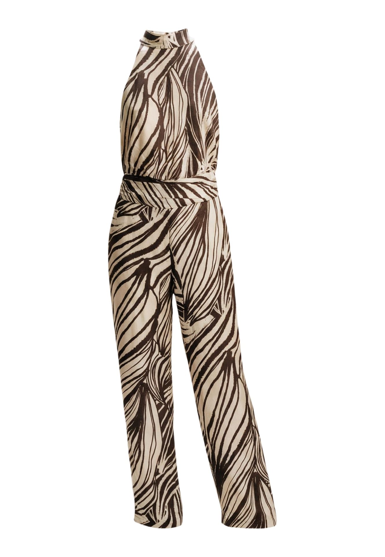 Sleeveless halter-neck jumpsuit in a brown and cream abstract leaf print