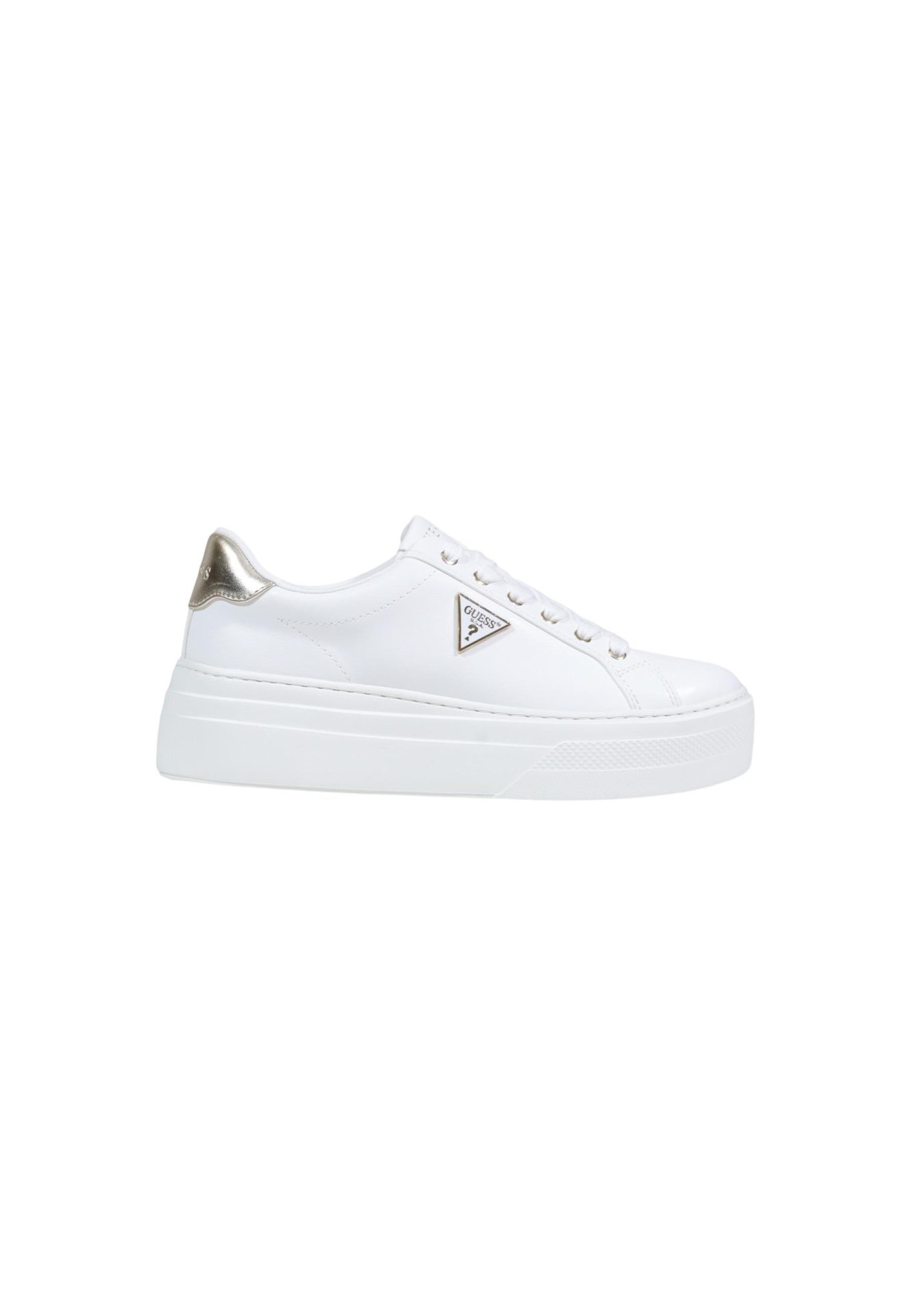 White platform sneaker with a gold heel tab and a triangular Guess logo on the side