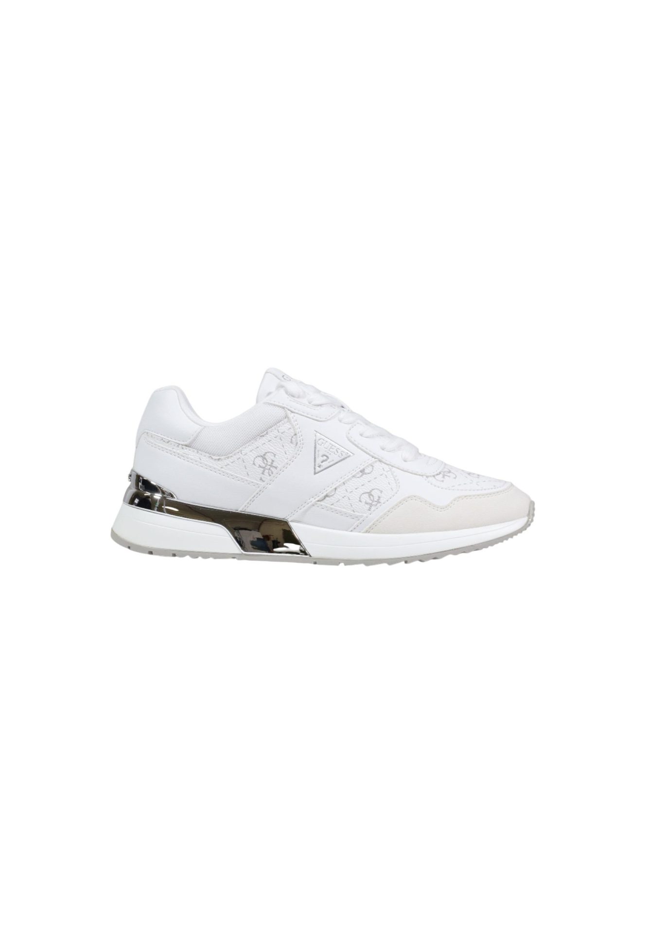 White Guess sneaker with a metallic silver heel accent and patterned side panels