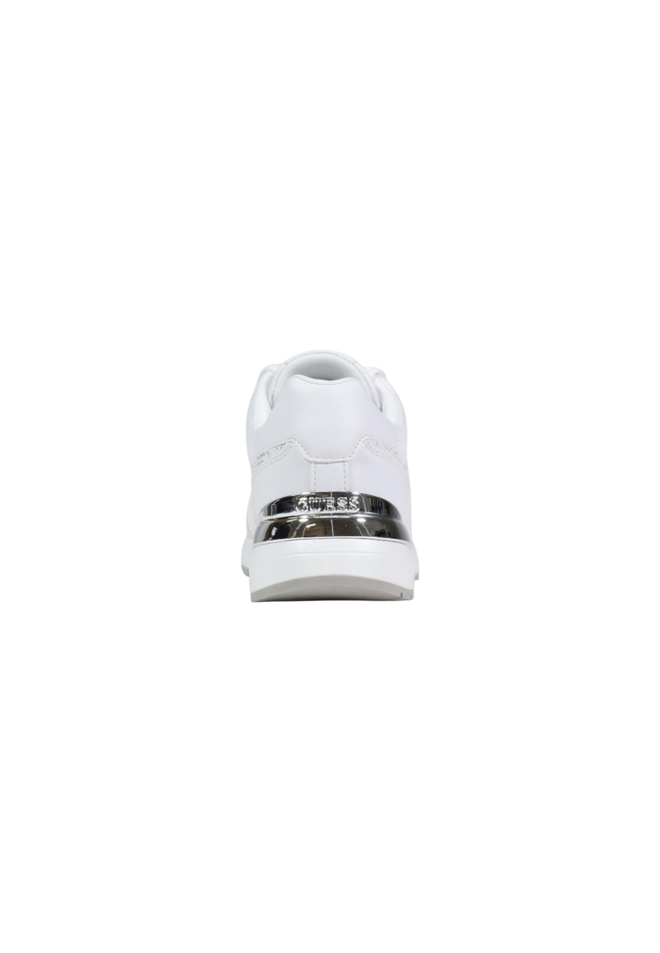 Back view of a white sneaker featuring a metallic silver heel plate with the GUESS logo