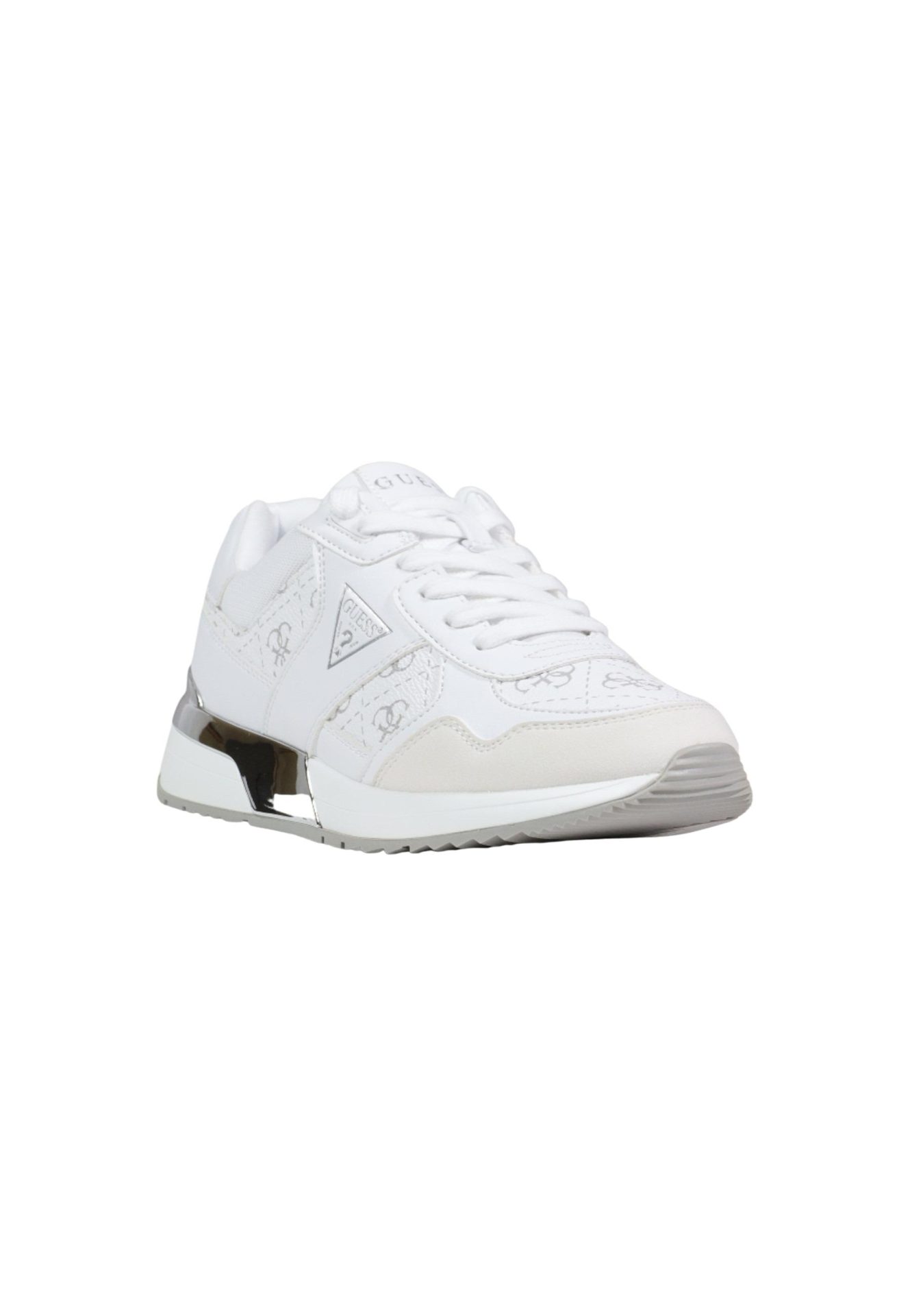 White Guess sneaker with silver metallic heel accent and lace-up closure