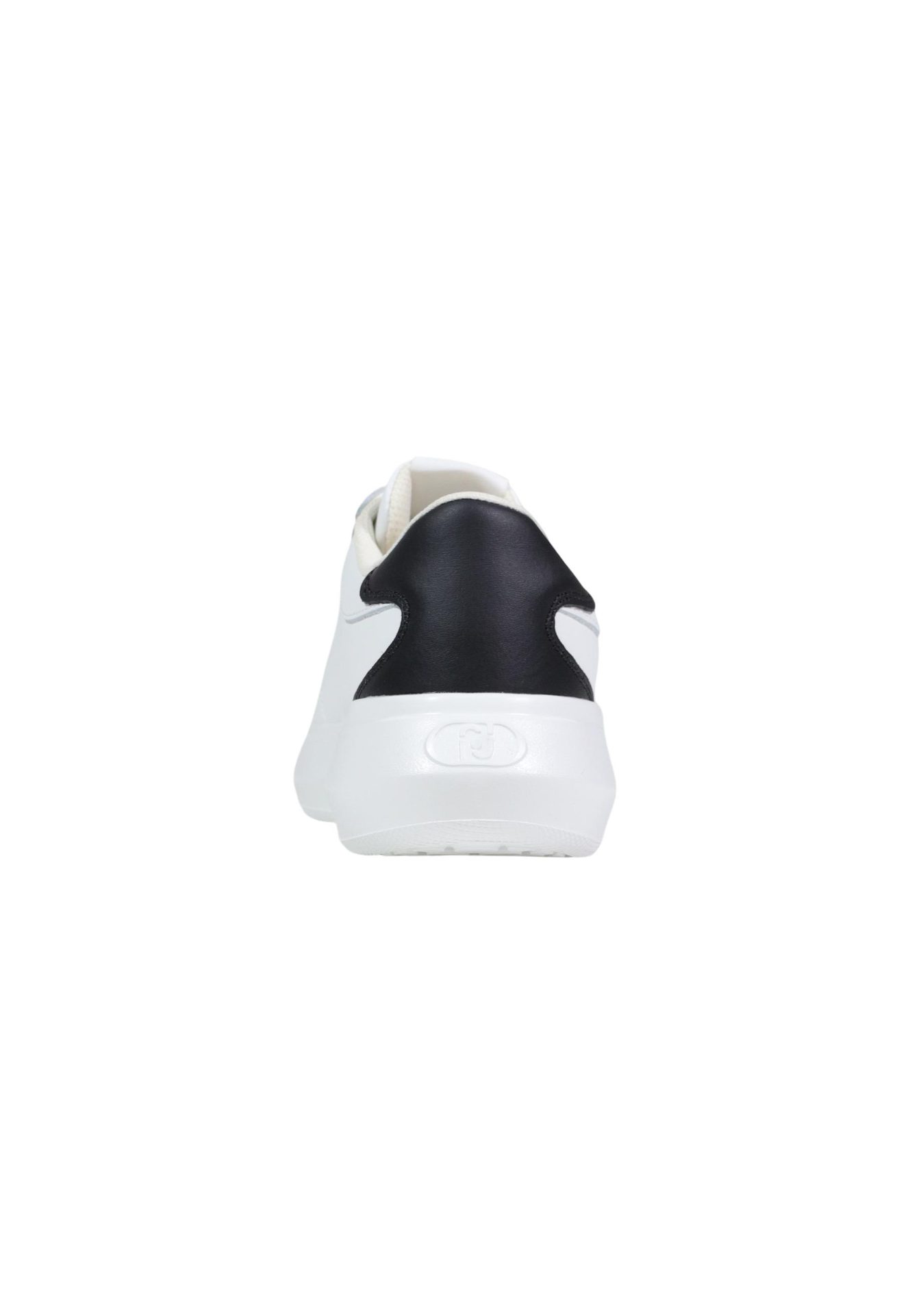 Back view of a white sneaker with a black heel tab and a thick white sole