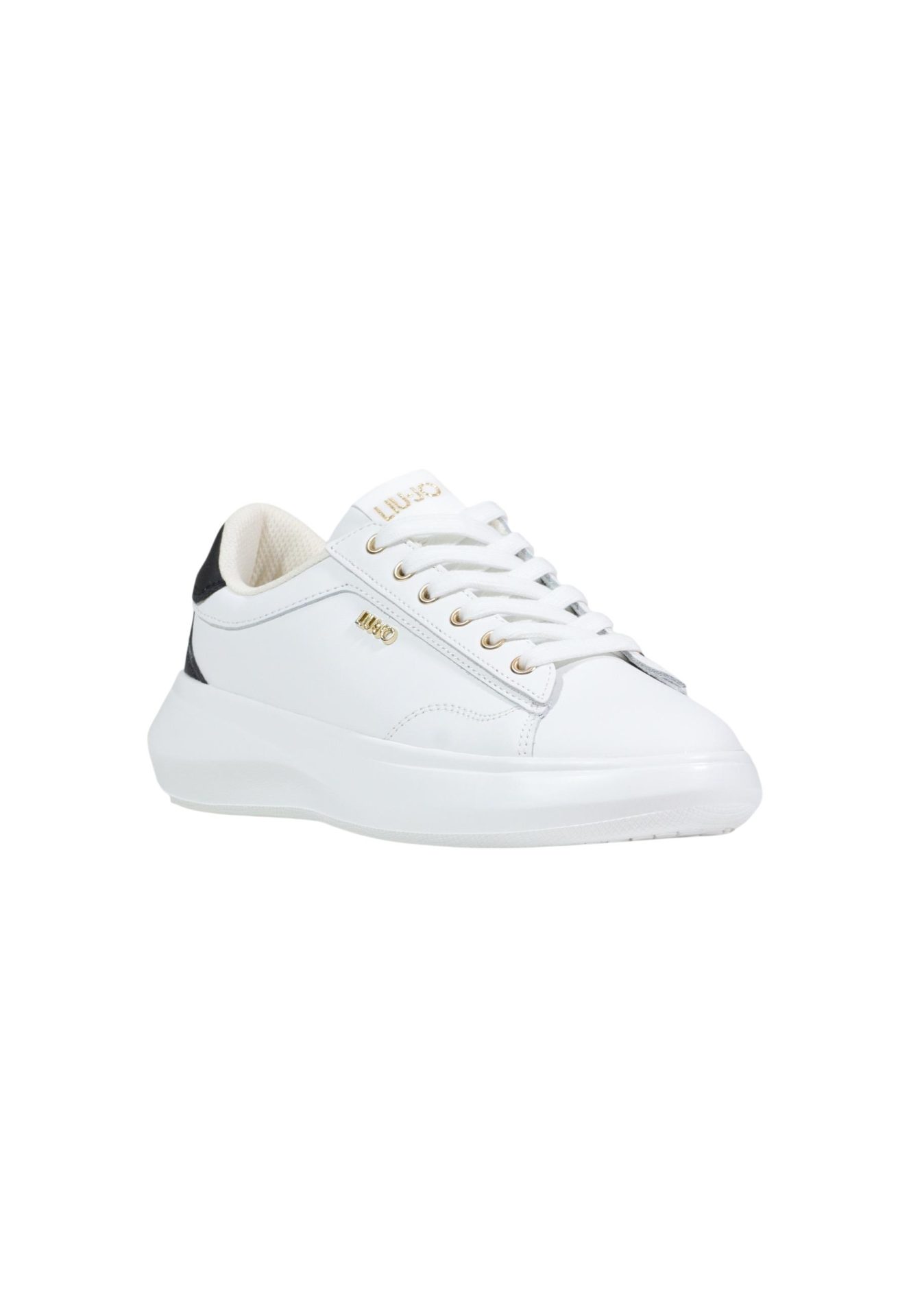 White Liu Jo sneaker with gold logo details and a black heel tab