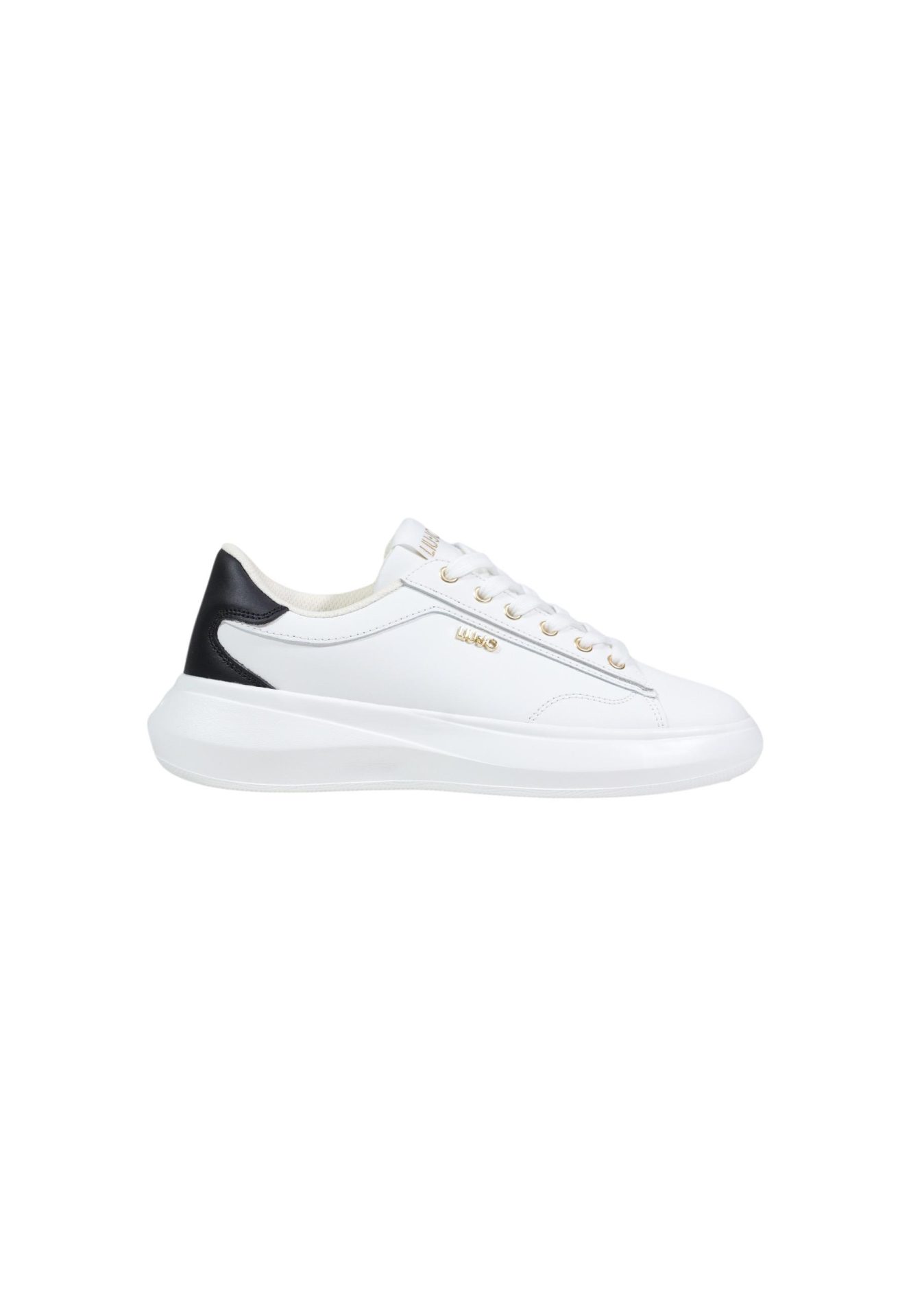 White leather sneaker with a chunky sole, black heel tab, and gold logo details