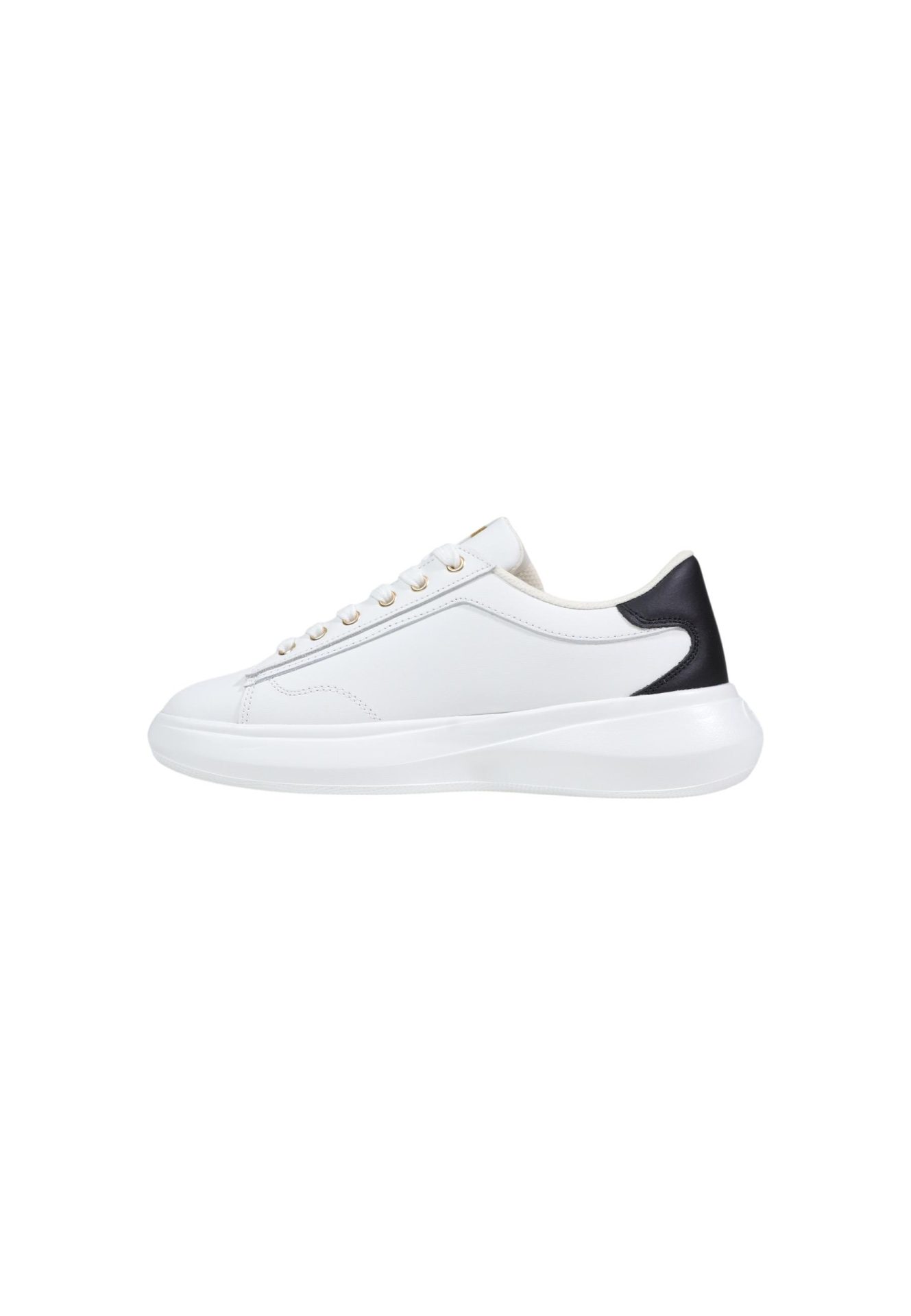 White leather sneaker with a thick white sole and a black heel tab