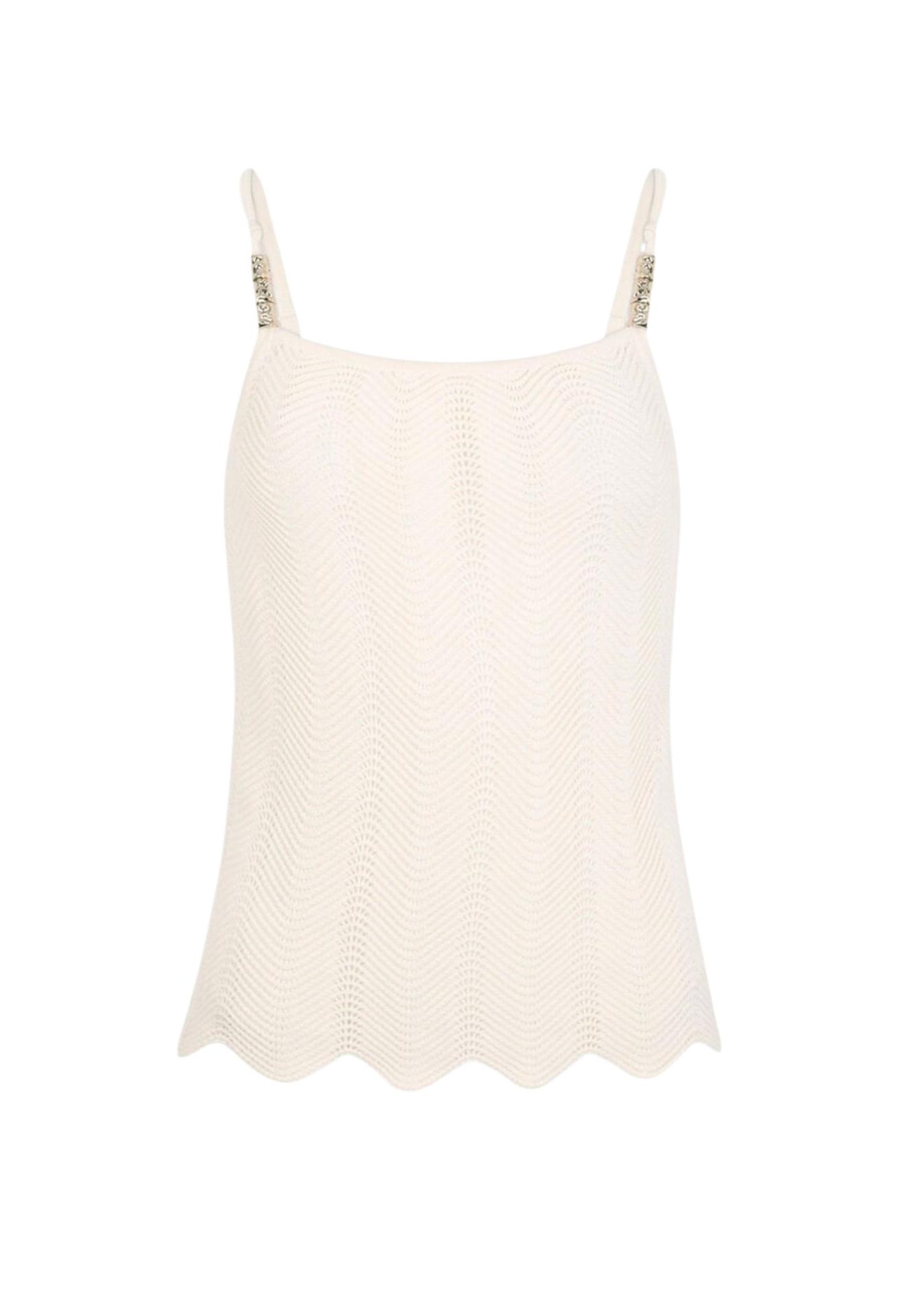 Off-white knit camisole with a wavy textured pattern, scalloped hem, and embellished straps