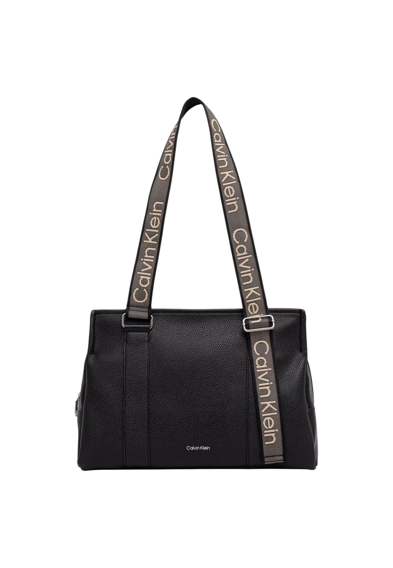 Black pebbled leather Calvin Klein handbag with a wide, branded fabric shoulder strap