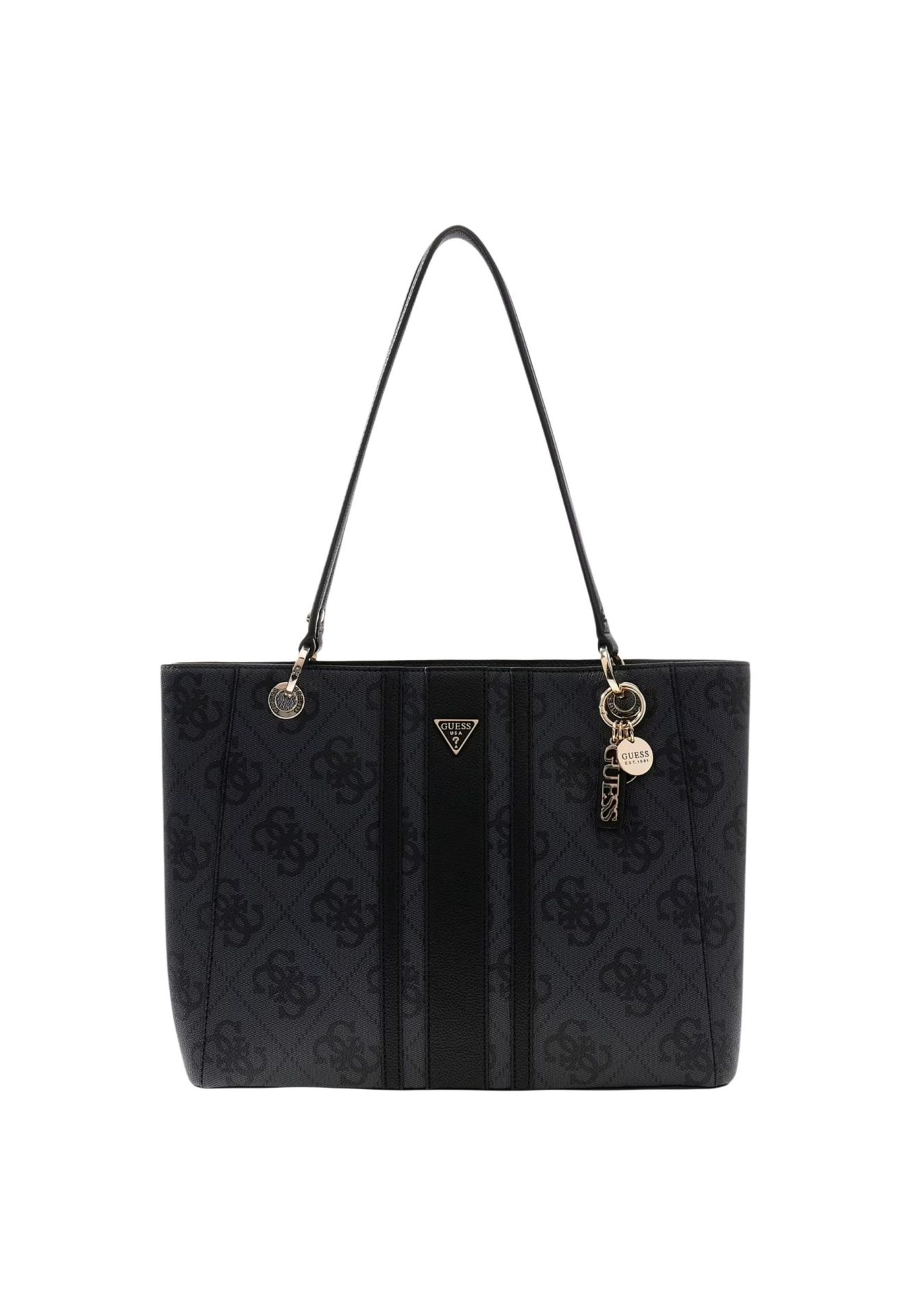 Guess black monogram tote bag with a central stripe and gold-tone logo charms