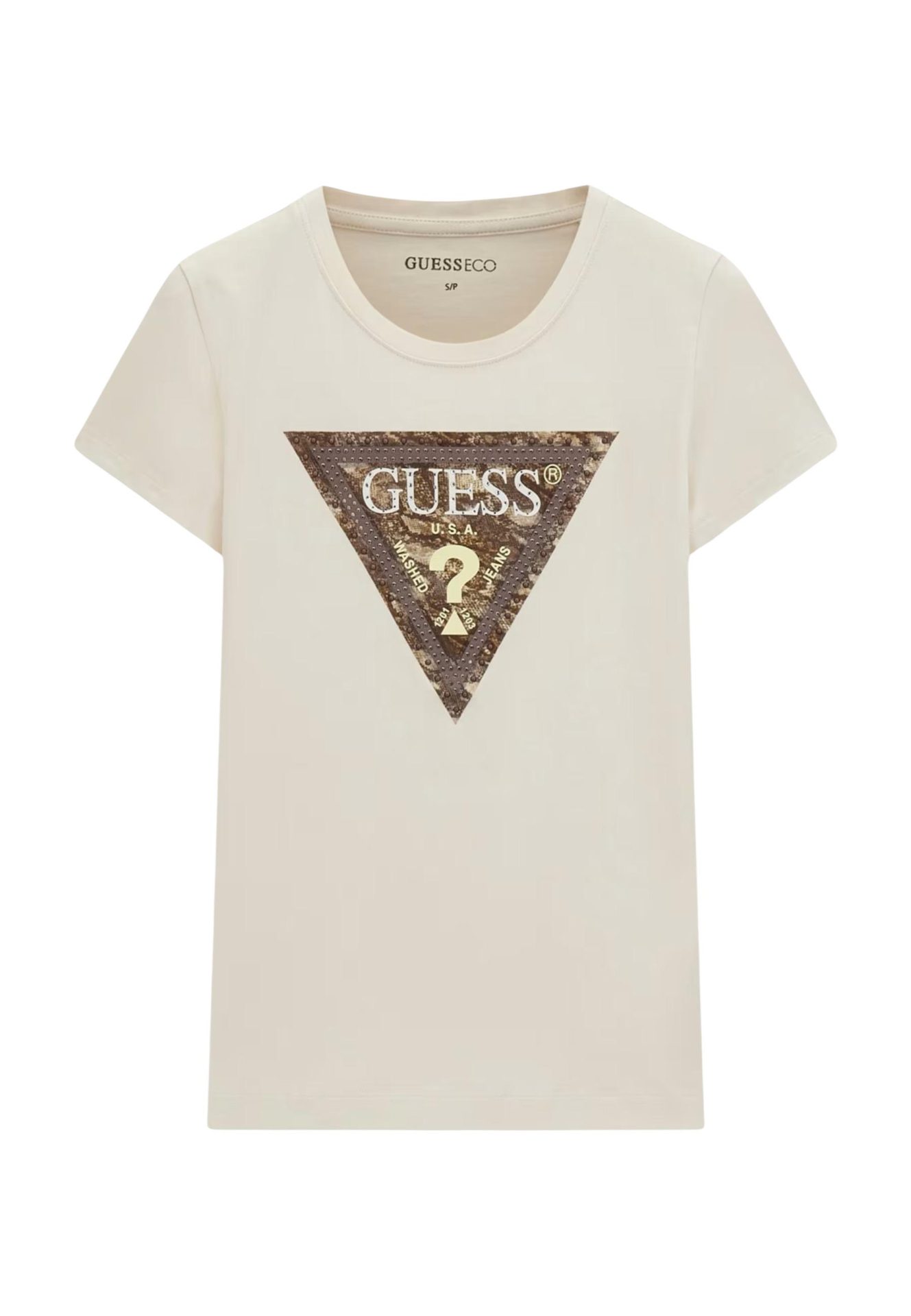 Cream t-shirt featuring a Guess triangle logo with a snakeskin pattern