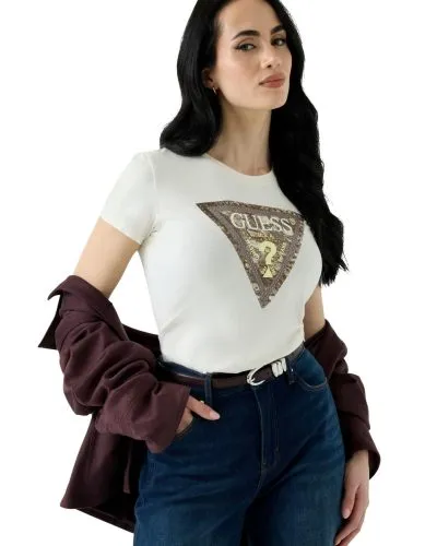 GUESS Women’s White Triangle Logo Short Sleeve Tee