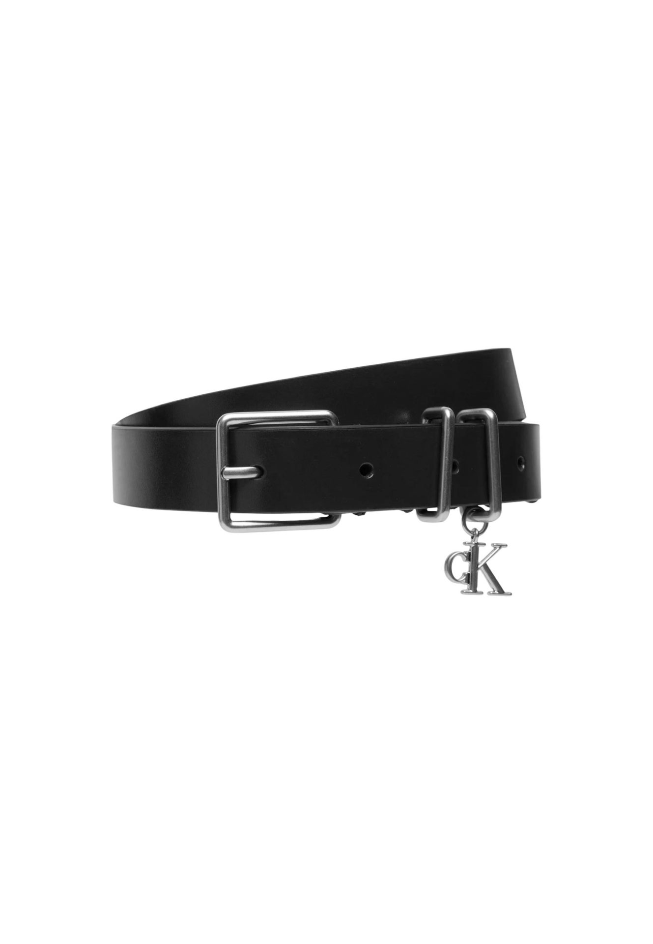 Black leather belt with a silver buckle and a hanging CK logo charm